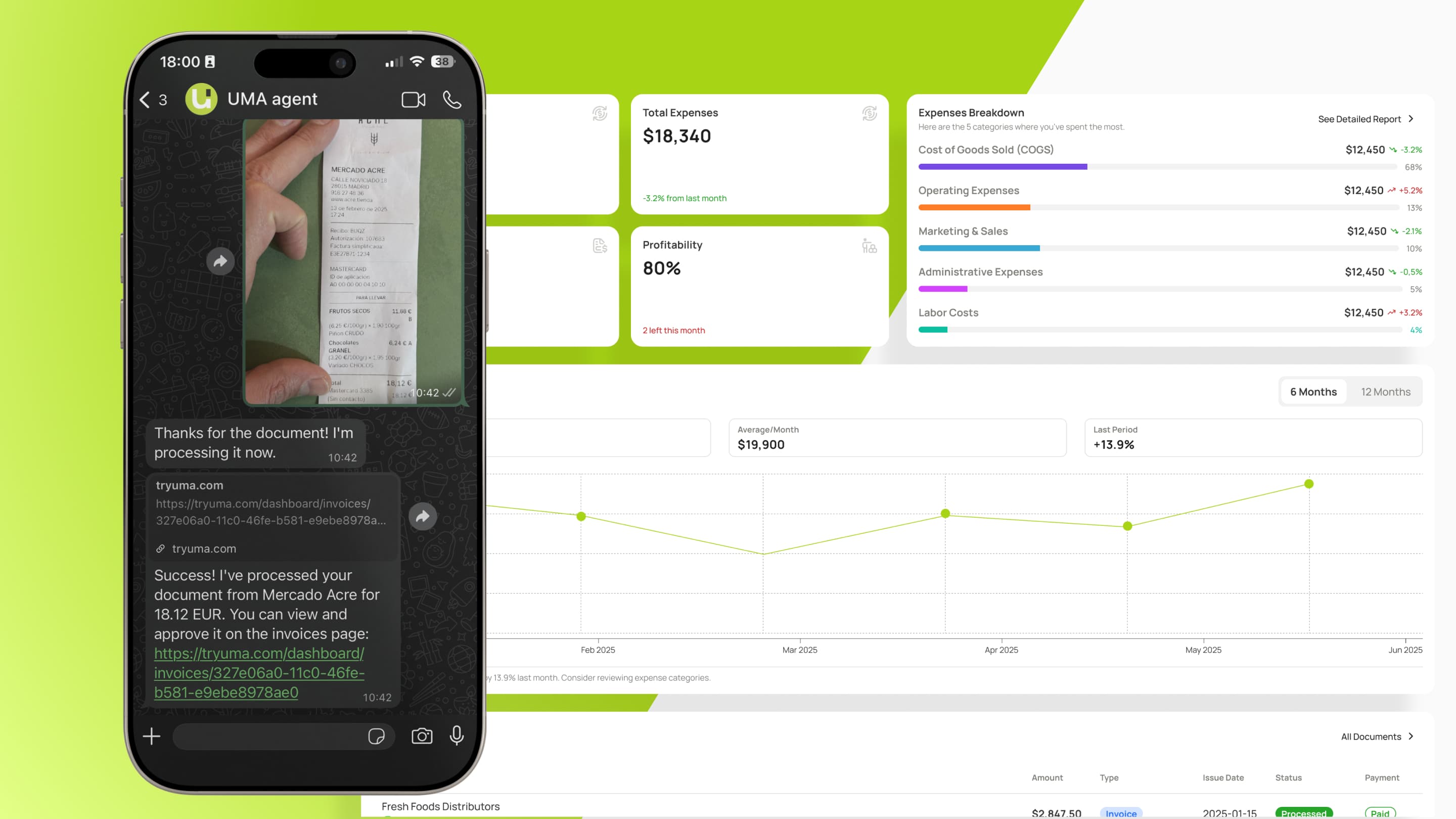 Concepto de doble interfaz de UMA — captura por WhatsApp y dashboard web