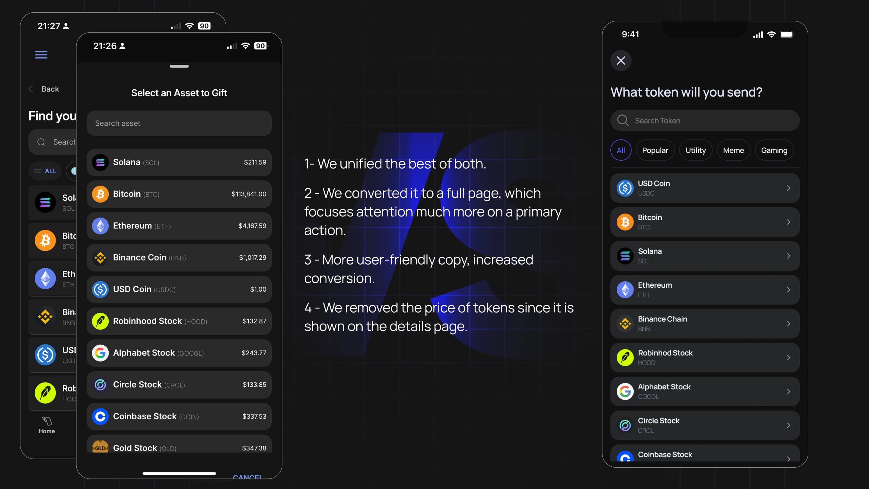 Flujo de Send Gift: selección de tokens y experiencia de envío de gift cards