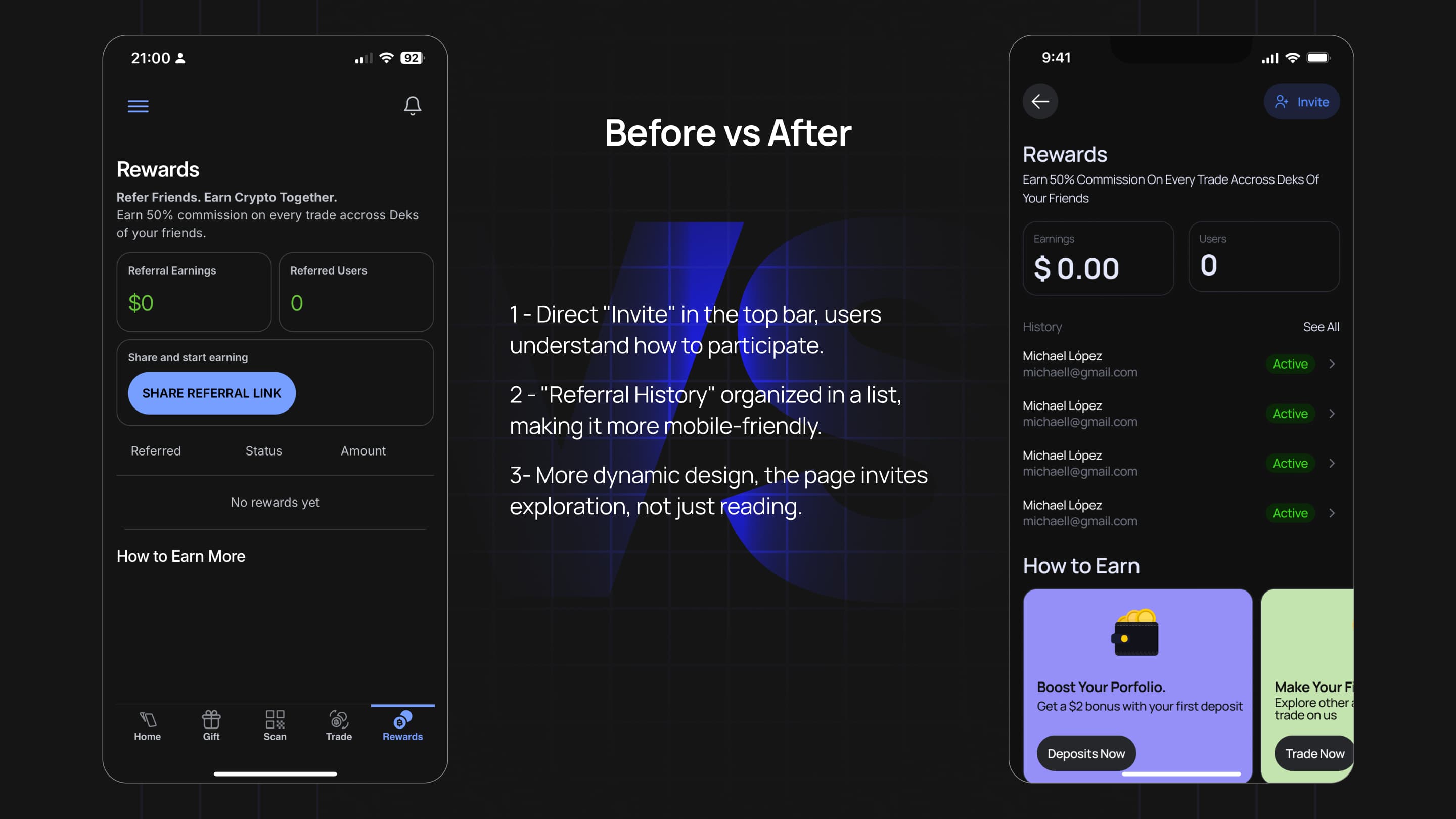Experiencia de Rewards con métricas de referidos y un layout enfocado en la interacción
