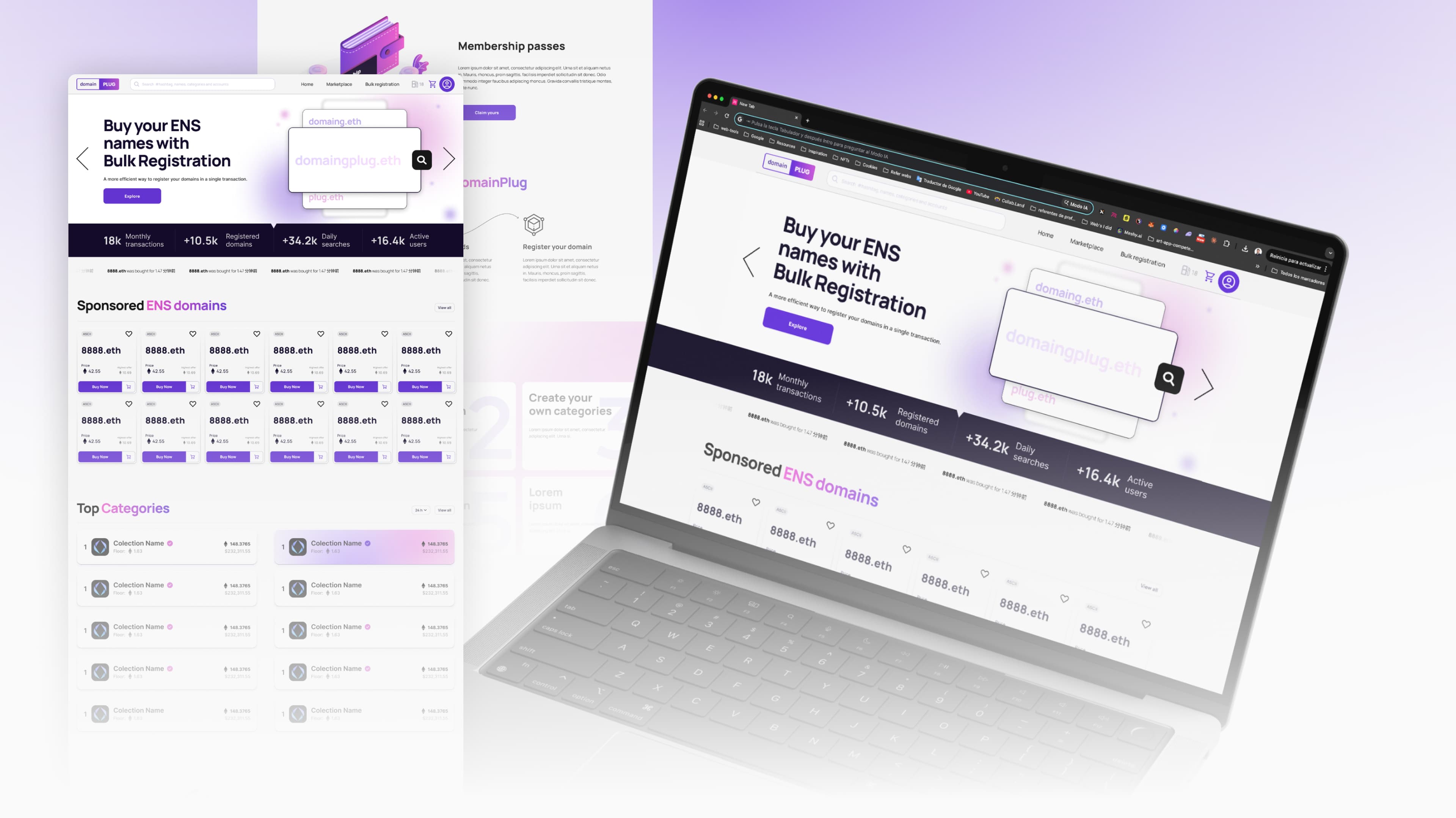 DomainPlug landing page — hero with bulk registration value proposition, search bar, and primary actions