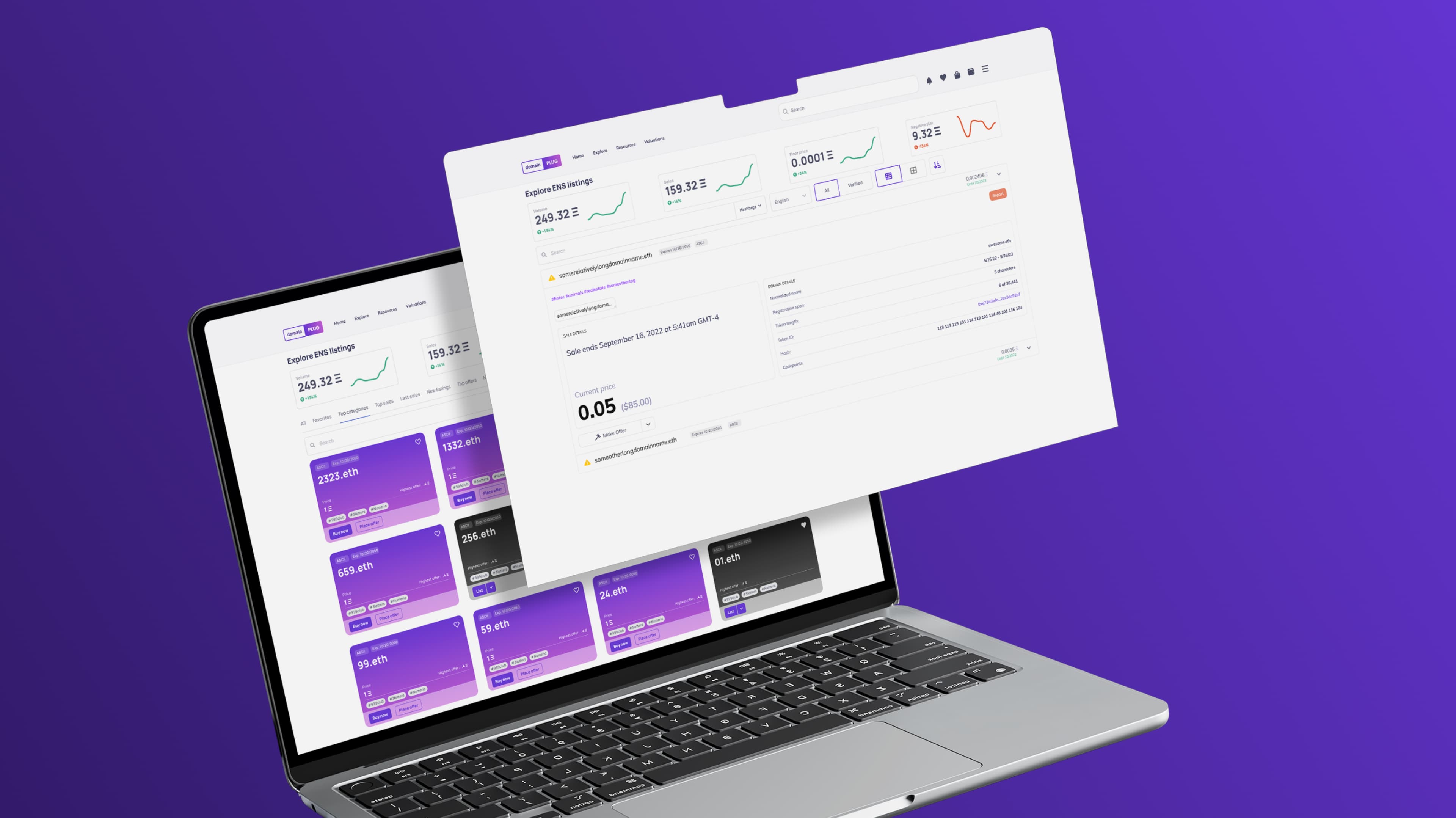 DomainPlug marketplace — domain grid, filters, pricing, and purchase actions