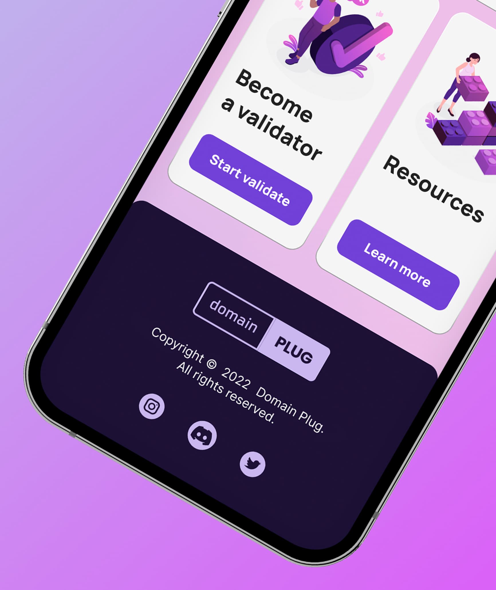 DomainPlug prototype — mobile landing feature cards and footer with brand lockup