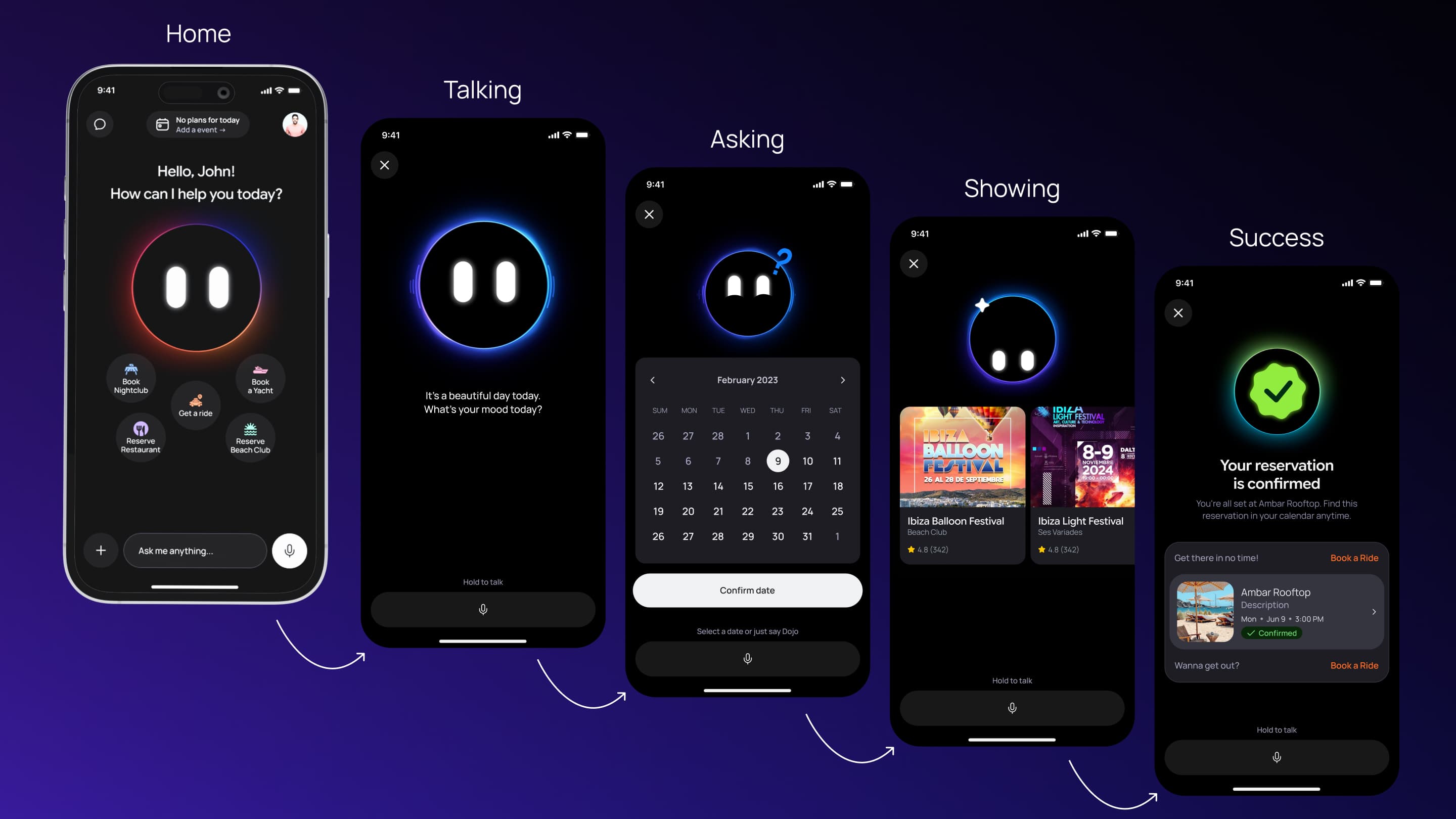 Voice Mode — Dojo avatar + hold-to-talk + option cards